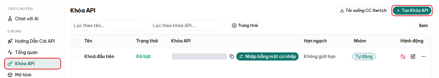 Trang Khóa API: tài khoản mới đã có sẵn Khoá đầu tiên nhóm Tự động, nút Tạo Khóa API ở góc phải