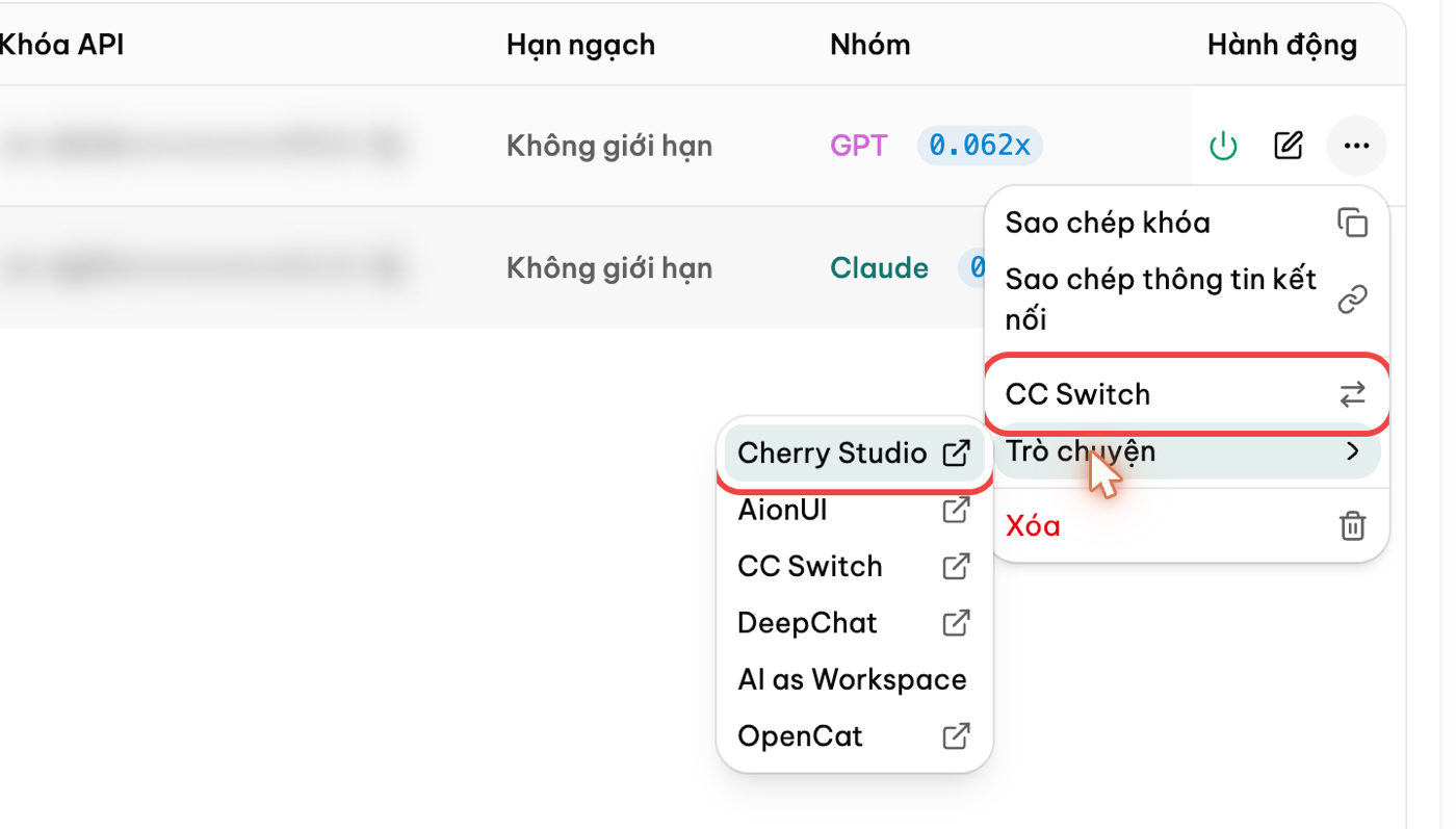 Menu ba chấm ở dòng key: CC Switch, và Trò chuyện → Cherry Studio
