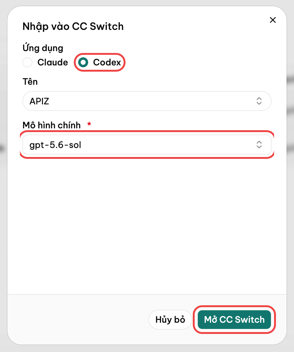 Hộp Nhập vào CC Switch: chọn ứng dụng Codex, mô hình gpt-5.6-sol, bấm Mở CC Switch