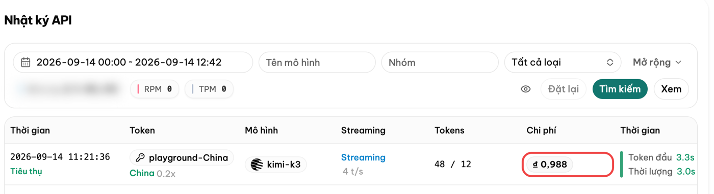 Nhật ký API: mỗi lượt gọi có thời gian, mô hình, số token và chi phí