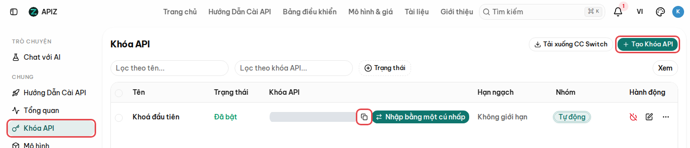 Trang Khóa API trong bảng điều khiển APIZ, nút Tạo Khóa API và nút sao chép key