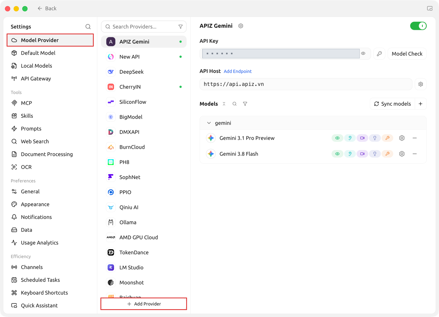 Cherry Studio, Settings → Model Provider, nút Add Provider ở cuối danh sách