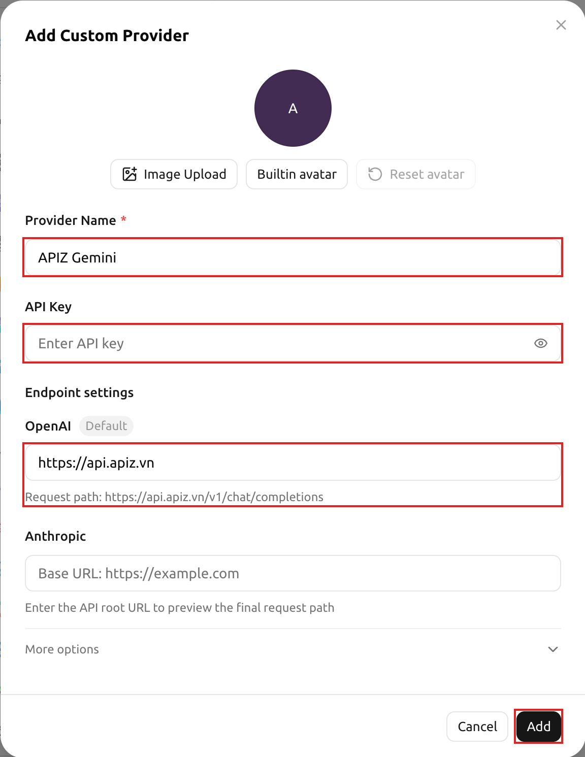 Hộp Add Custom Provider: Provider Name APIZ Gemini, API Key, OpenAI Base URL https://api.apiz.vn