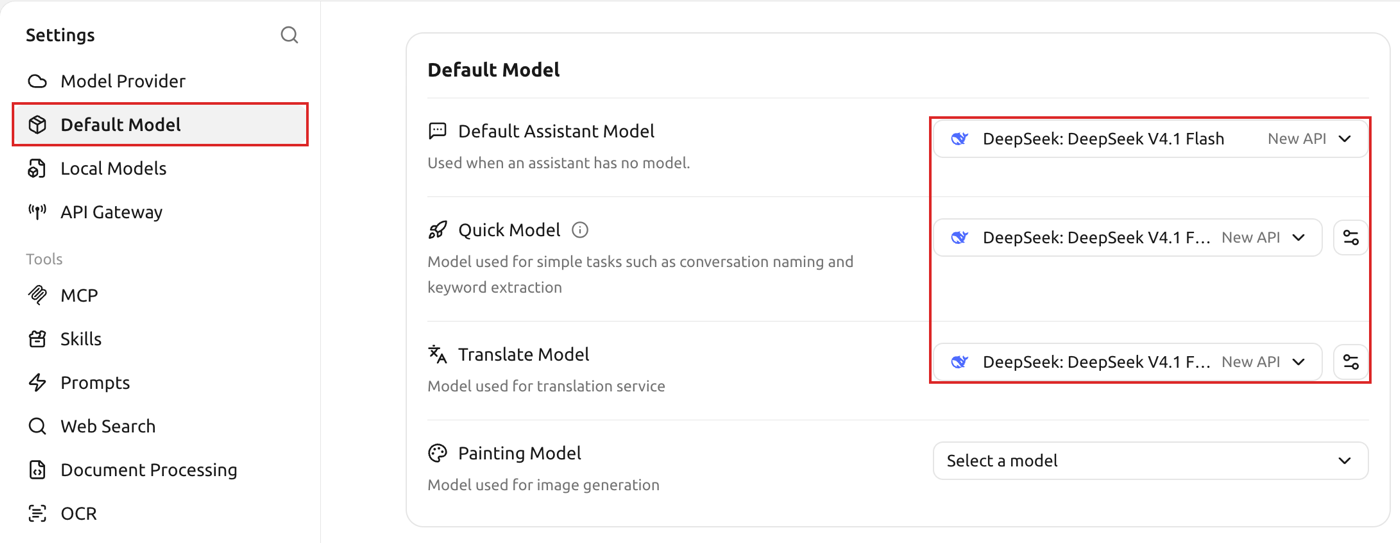 Settings → Default Model: chọn DeepSeek V4.1 Flash của APIZ cho ba ô