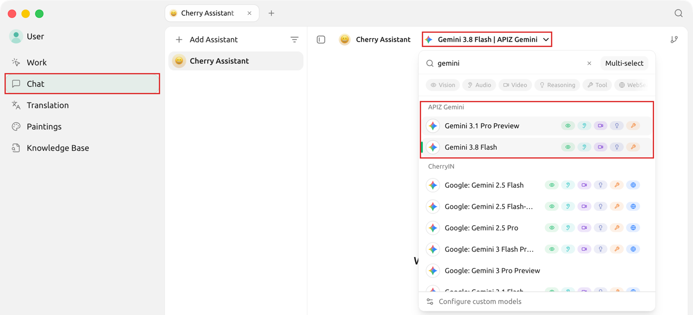 Khung Chat của Cherry Studio: mục Chat ở thanh trái, bộ chọn mô hình, nhóm APIZ Gemini